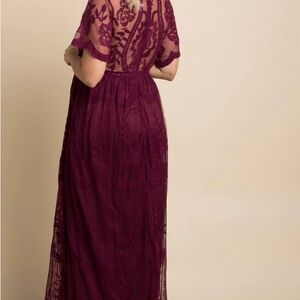 Burgundy Lace Mesh Overlay Maternity Maxi Dress